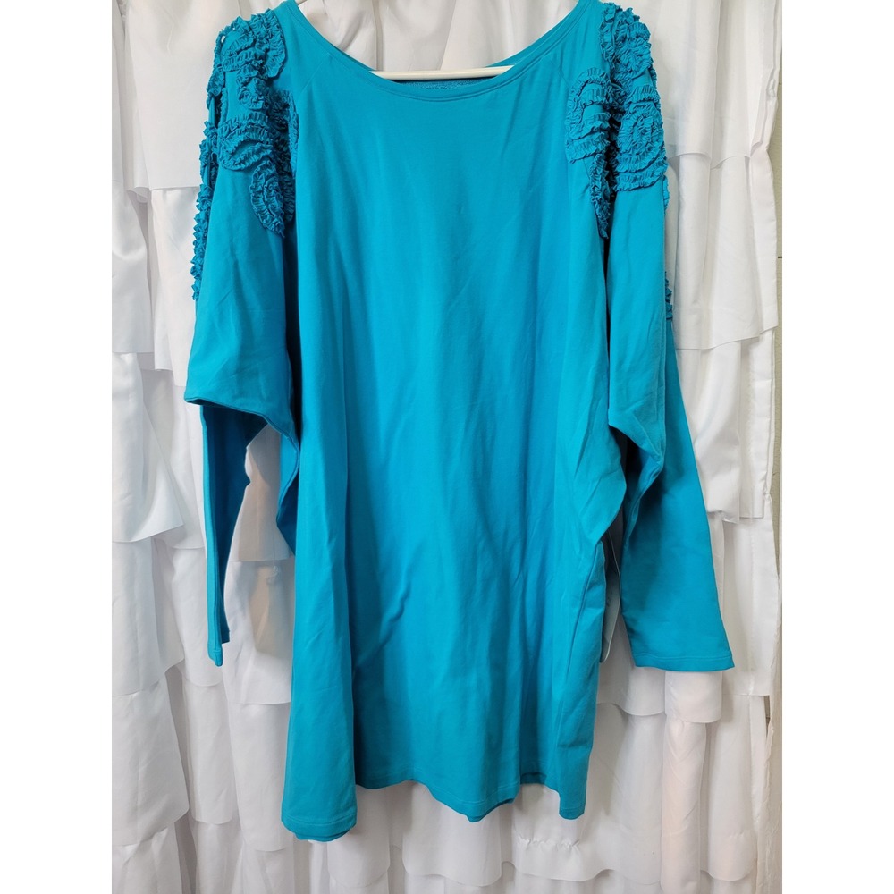 DG2 Diane Gilman Turquoise Blue Ruffle Rosette Shoulder Top 3X 046081 LS 2100